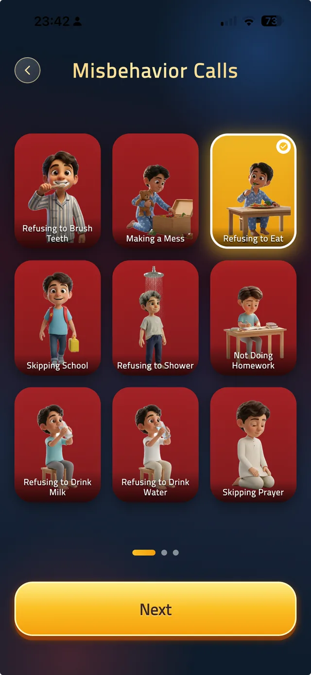 Kids Police app screen listing the misbehavior calls, including Refusing to Eat, Skipping School, Not Doing Homework and Refusing to Shower