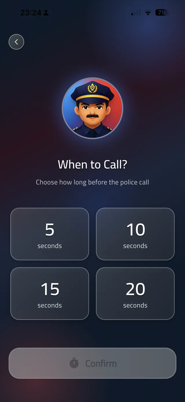 Kids Police app screen for choosing a 5, 10, 15 or 20 second delay before the police call