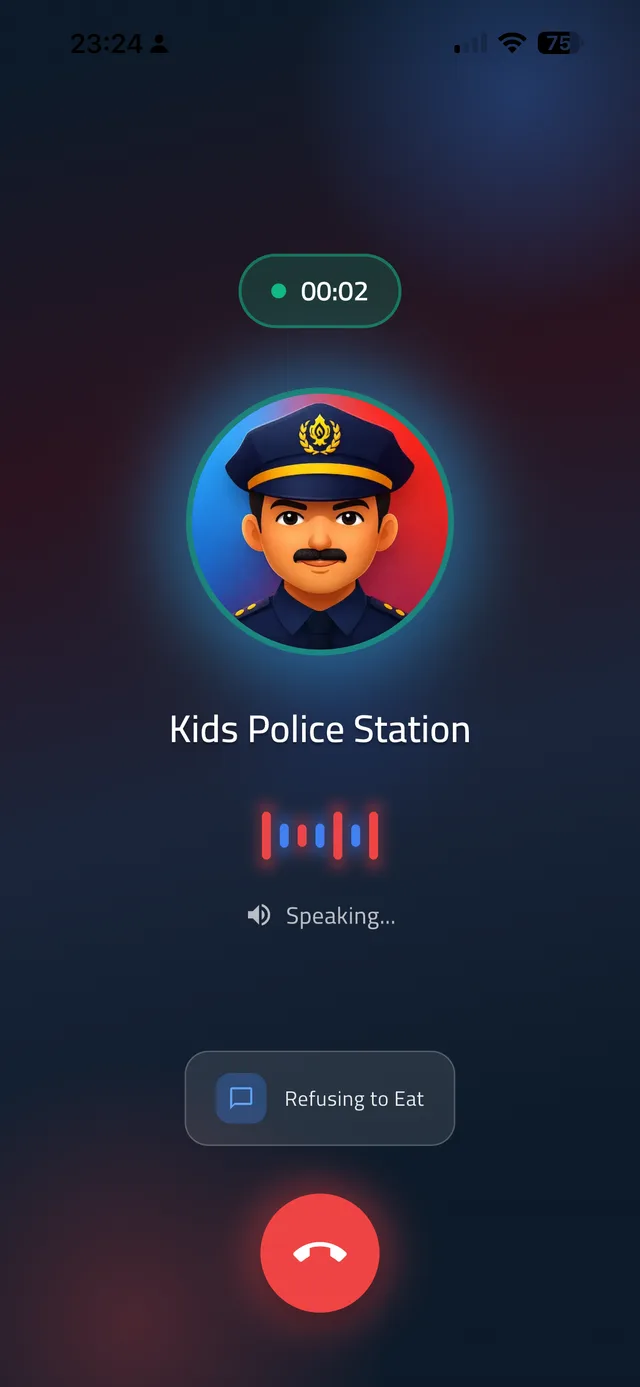 The Kids Police app during a call, with the officer speaking about refusing to eat