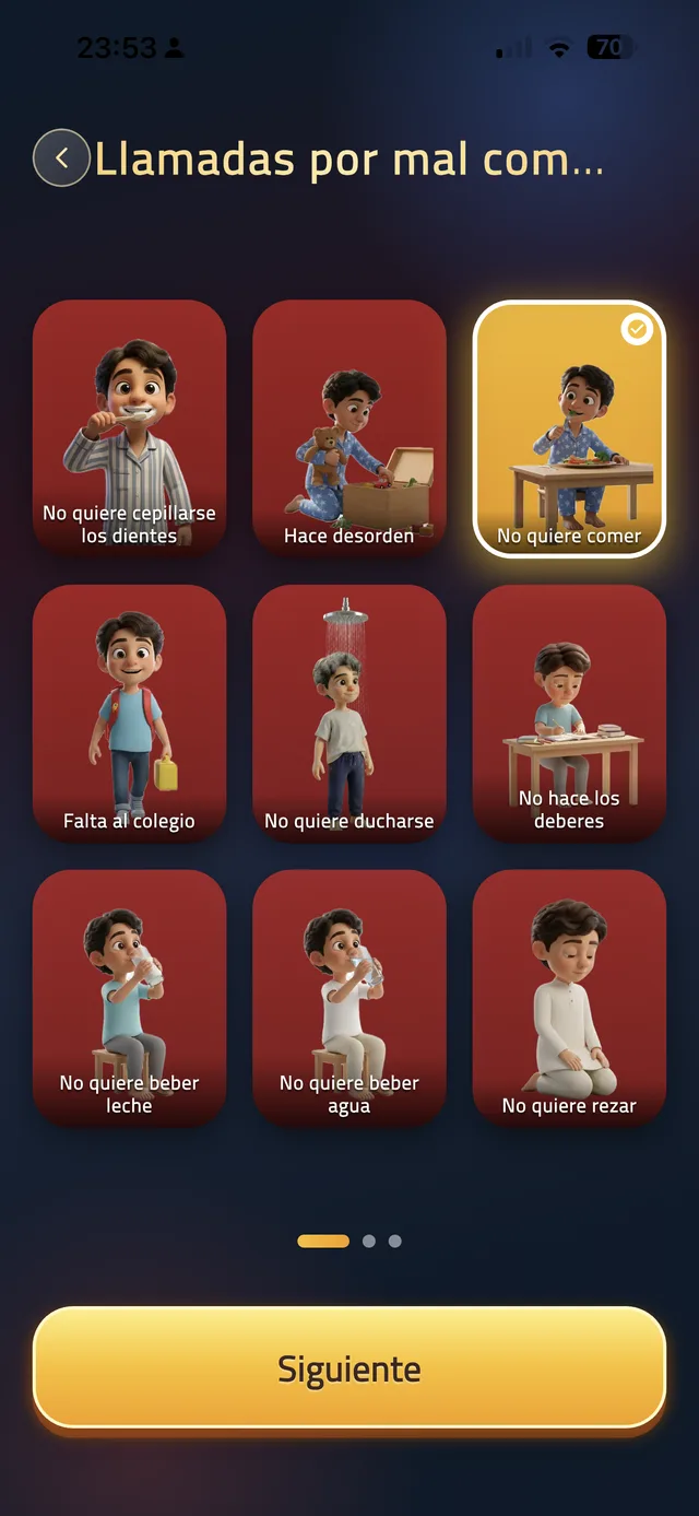 Pantalla de la app Policía de Niños con las llamadas por mal comportamiento: No quiere comer, Falta al colegio, No hace los deberes y No quiere ducharse