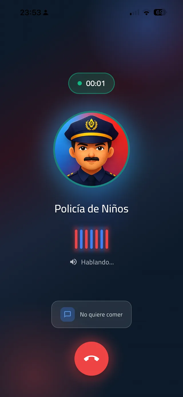 La app Policía de Niños durante una llamada, con el agente hablando sobre no querer comer