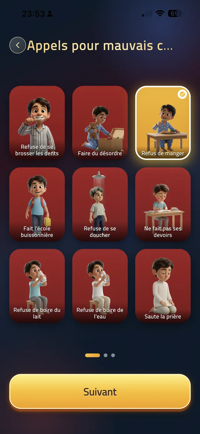 Écran de l'application Police des Enfants listant les appels pour mauvais comportement : Refus de manger, Fait l'école buissonnière, Ne fait pas ses devoirs et Refuse de se doucher