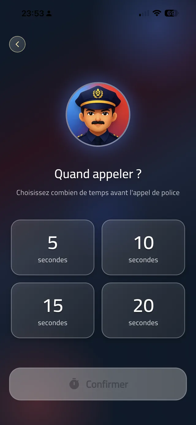 Écran de l'application Police des Enfants pour choisir un délai de 5, 10, 15 ou 20 secondes avant l'appel