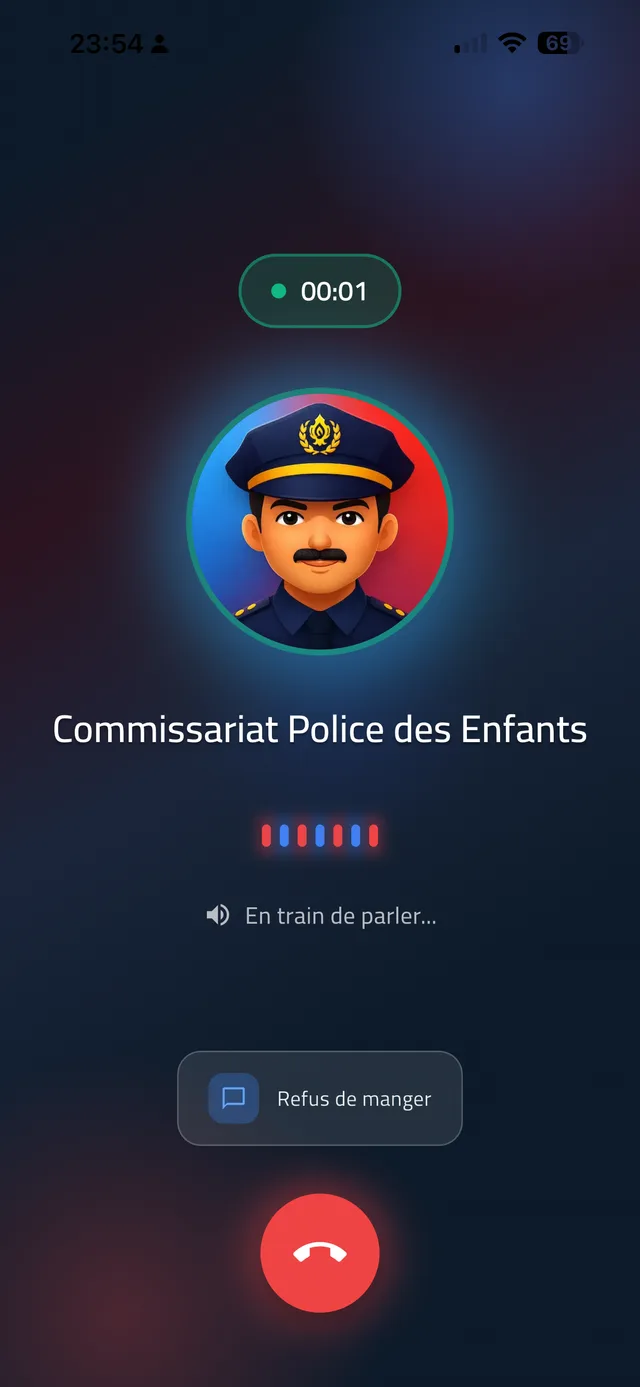 L'application Police des Enfants pendant un appel, l'agent parlant du refus de manger